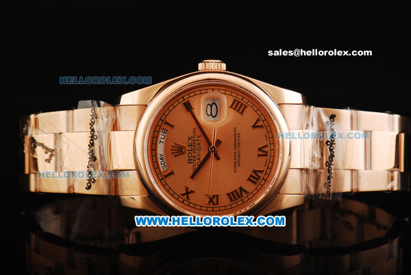 Rolex Day-Date Oyster Perpetual Automatic Rose Gold Case and Strap with Small Calendar and Roman Numeral Marking - Click Image to Close